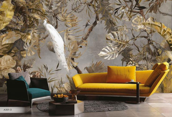 Luxury gold-toned bird mural in a grand double-height villa hall