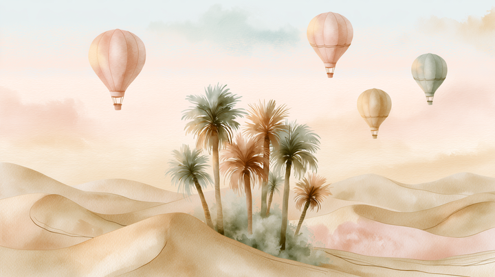 Pastel nursery mural with hot air balloons drifting over dawn dunes and date palms