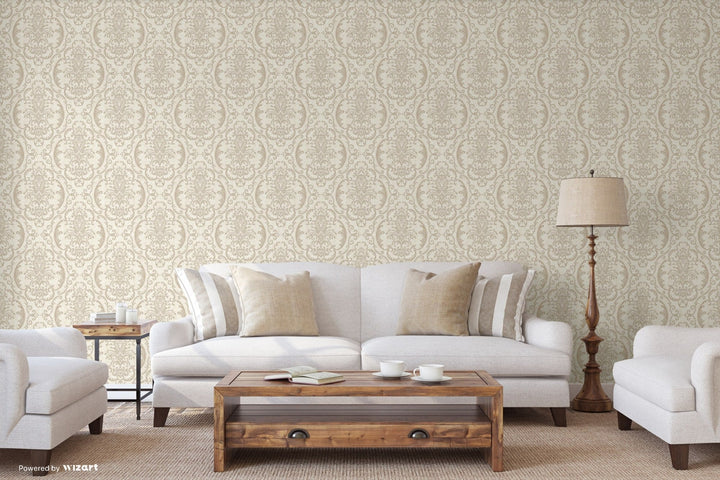 Rococo Maison Sand Heritage Damask wallpaper in a living room