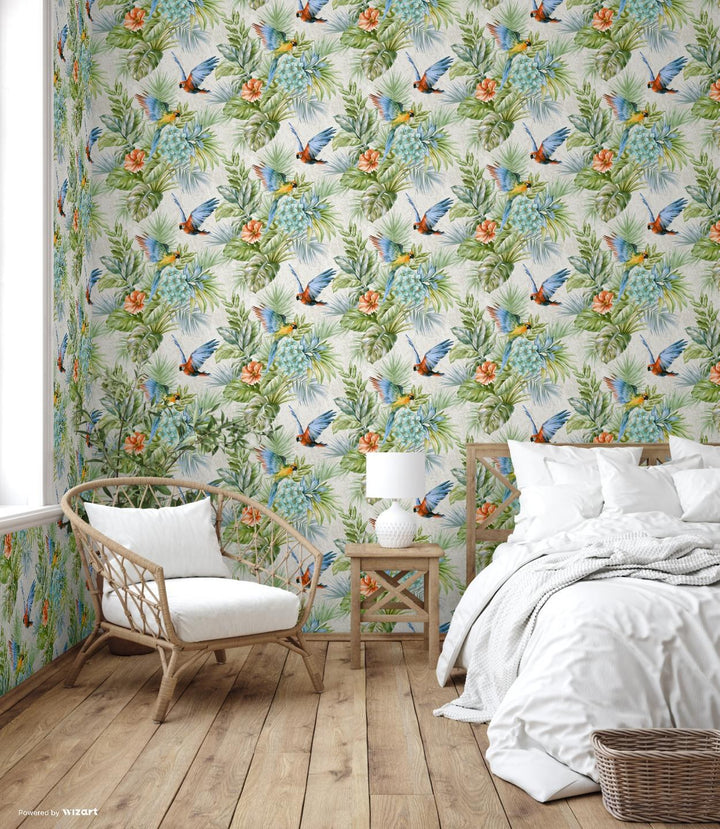 Bespoke botanical mural wallpaper feature wall in a bright modern UAE living room by La Belle Maison
