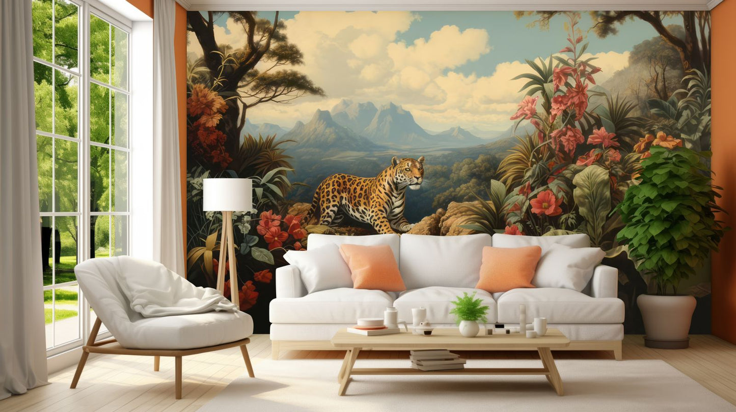 Dark Jungle Wallpaper Mural with Tiger Eyes - Moody Green and Orange Tropical Leaves - Scrubbable Vinyl for Home Office, Man Cave, or Feature Wall