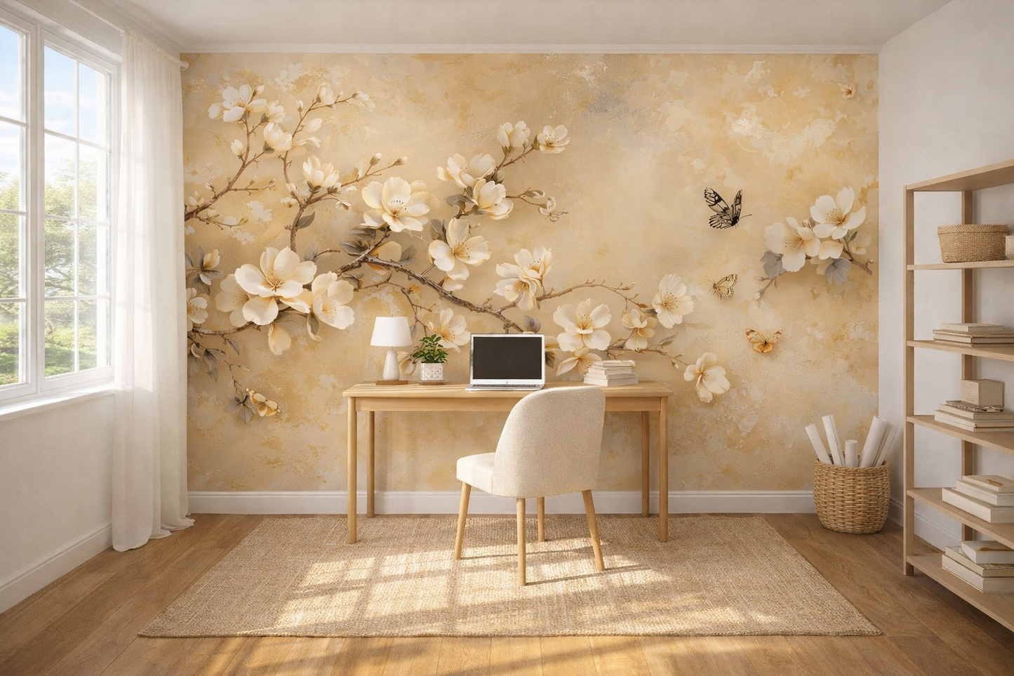 Almond Reverie floral wallpaper installed in Dubai home office — Whispering Bloom wall mural UAE