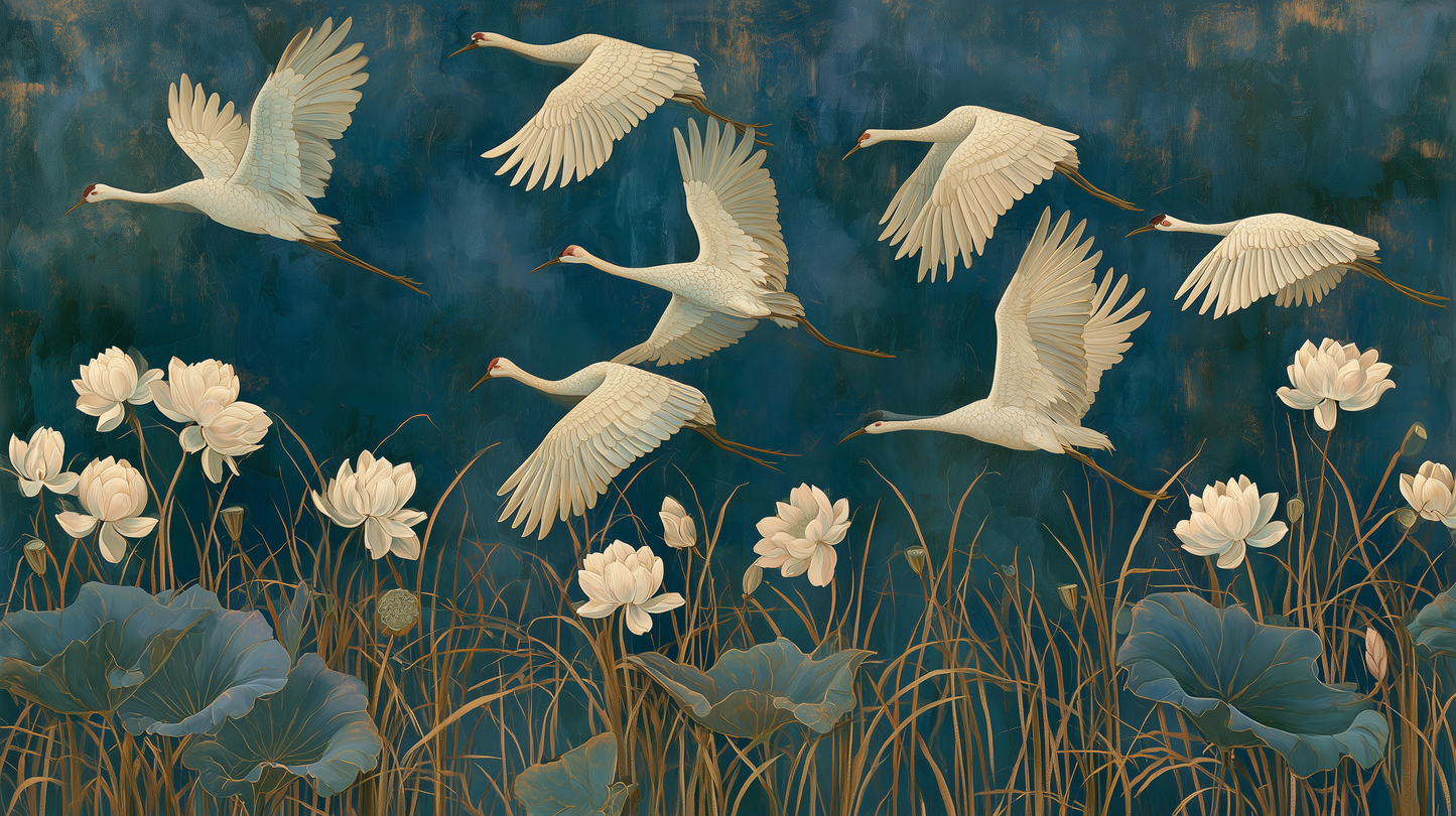 Hand-painted Anima Indigo Cranes wallpaper by La Belle Maison featuring cranes in flight over lotus flowers.
