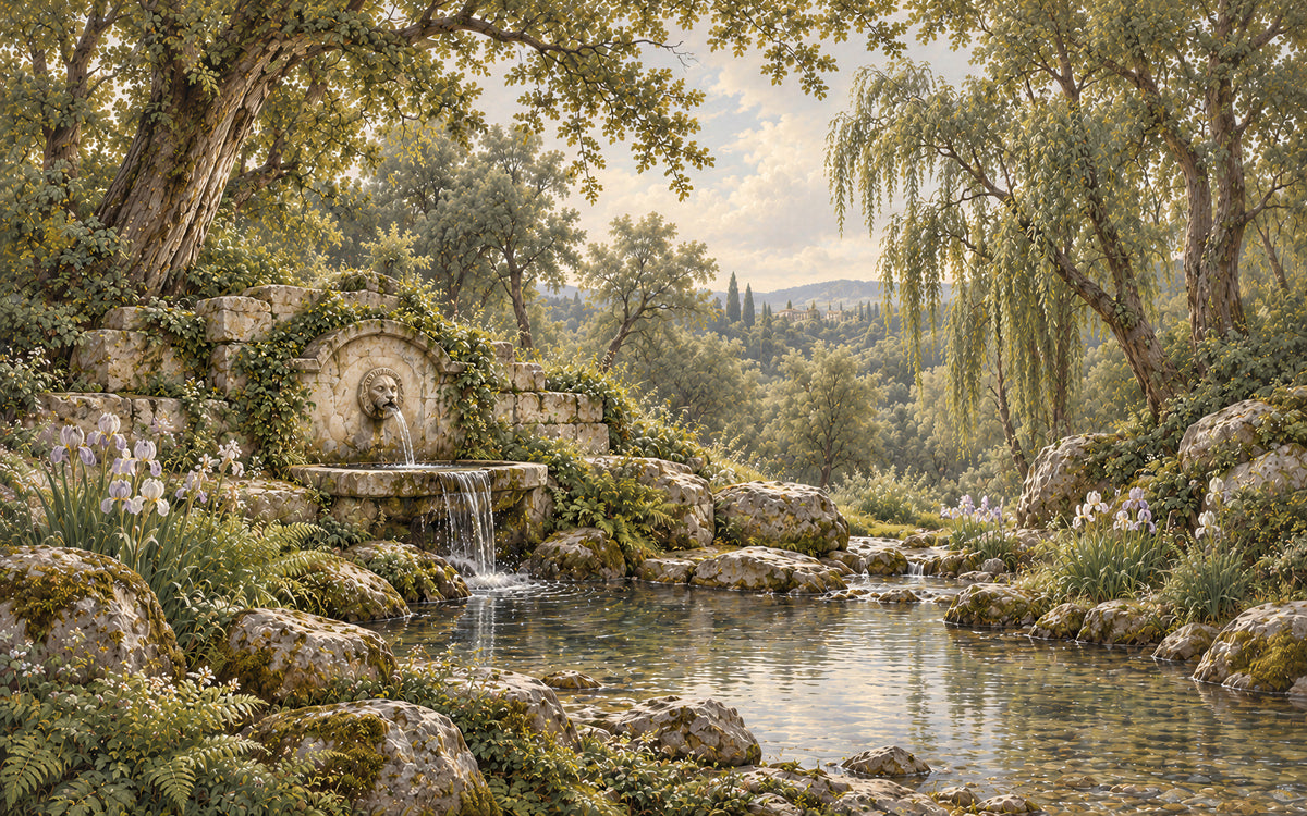 La Source aux Iris garden mural with a carved stone fountain, still pool and iris flowers
