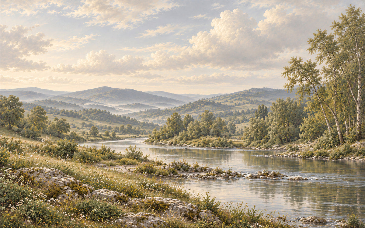 La Vallée des Brumes panoramic mural with a quiet river, wooded hills and a softly misted valley