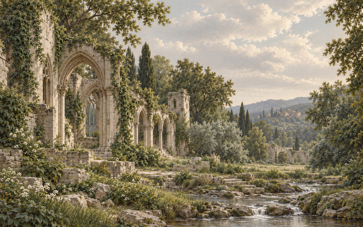 L’Abbaye Silencieuse landscape mural with ruined abbey arches, cypress trees and a quiet stream