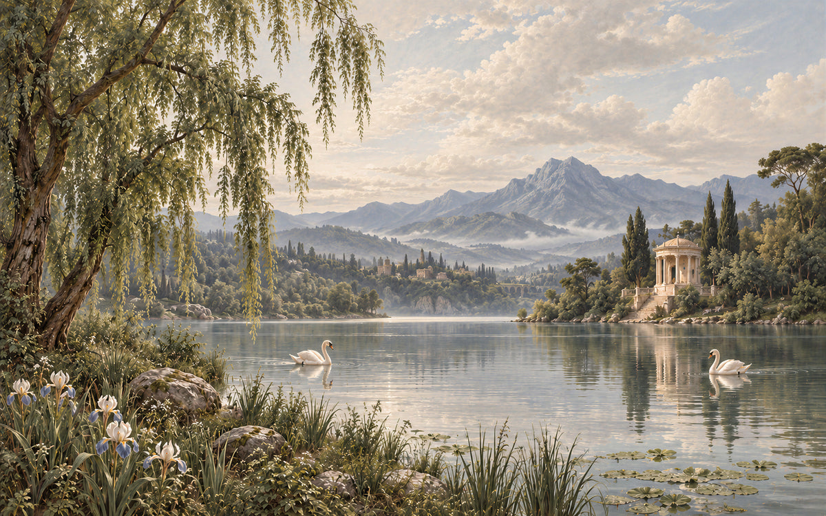 Le Lac des Cygnes lake mural with two white swans, willow branches and a classical lakeside pavilion