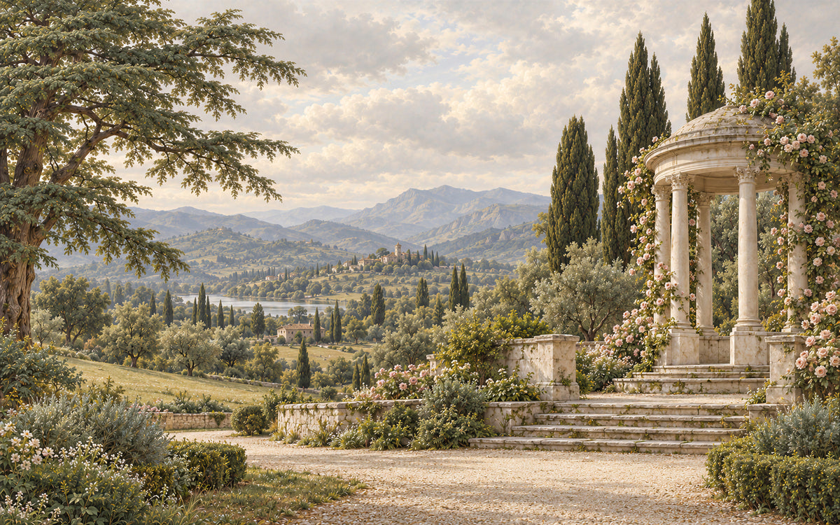 Le Pavillon des Roses garden mural with a classical rotunda, stone steps and climbing roses