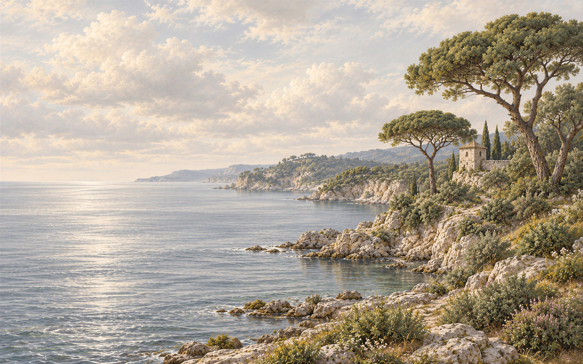 Le Rivage des Pins coastal mural with umbrella pines, a rocky bay and a distant hillside villa