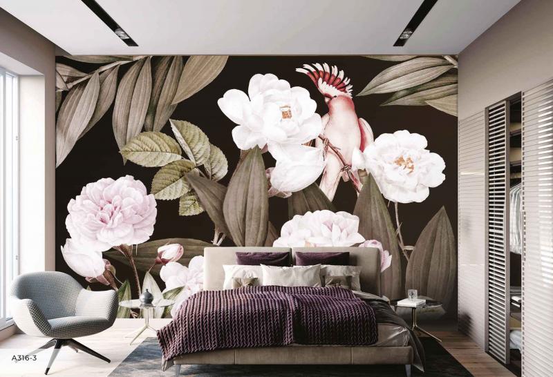 Oversized tropical and floral botanical mural wallpaper in a UAE principal bedroom, La Belle Maison