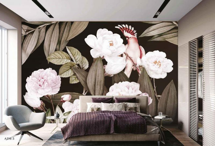 Oversized tropical and floral botanical mural wallpaper in a UAE principal bedroom, La Belle Maison