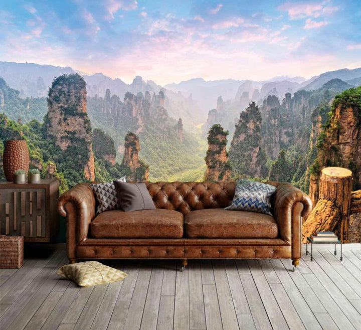 Mural Wallpaper Collection Mystic Mountains dramatic statement mural installed in a Downtown Dubai living room — La Belle Maison