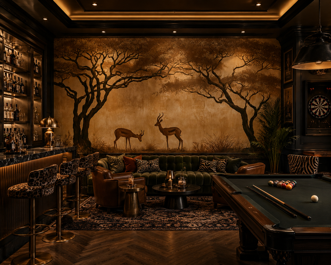 Anima Golden Savannah bespoke wall mural installed in a lounge