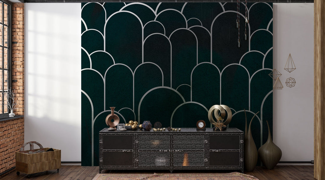 Deep moody dark green mural wallpaper in a dimly lit dining room