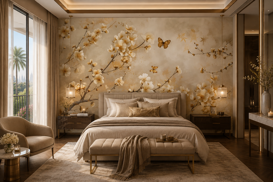 Modern hospitality interior featuring La Belle Maison's Whispering Bloom botanical mural wallpaper