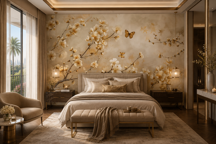 Modern hospitality interior featuring La Belle Maison's Whispering Bloom botanical mural wallpaper
