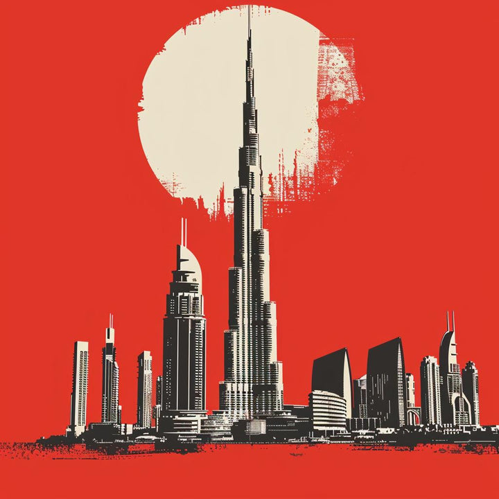 Dubai Chronicles Cityscape Blaze artwork by La Belle Maison, a golden-sunset Dubai skyline mural