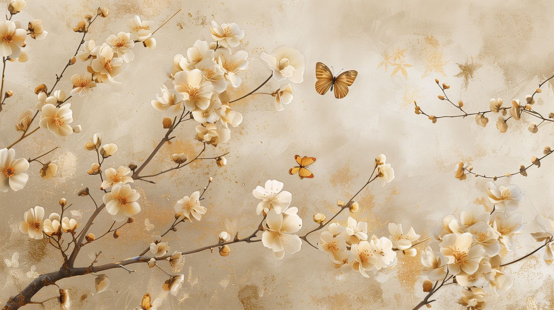 Elegant champagne-toned blossom wallpaper detail, refined and gift-like