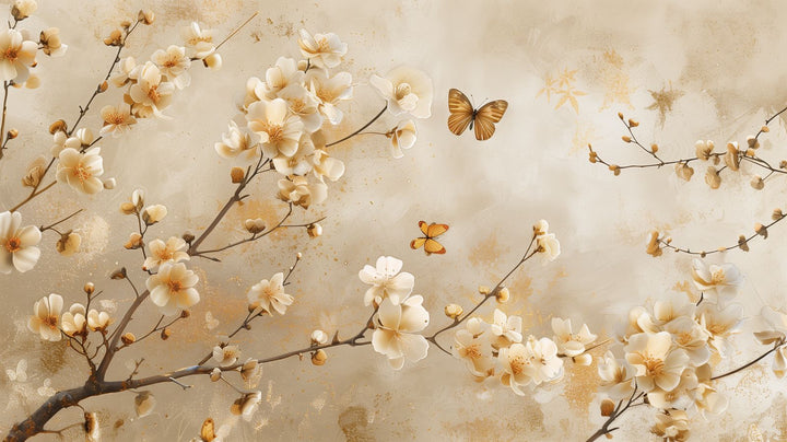 Elegant champagne-toned blossom wallpaper detail, refined and gift-like