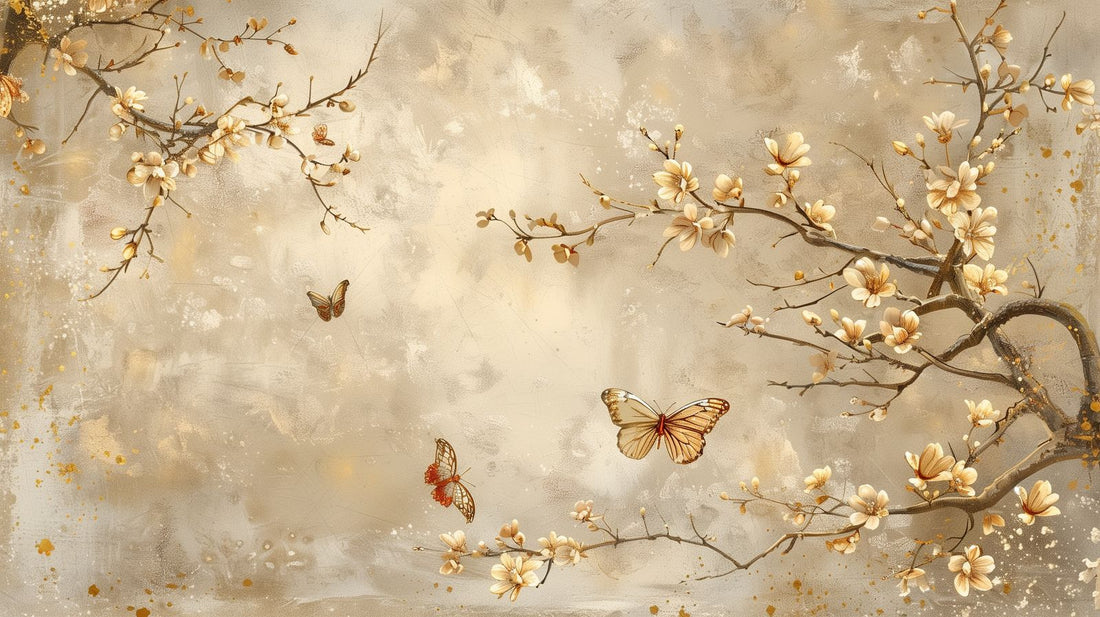 Warm golden-toned botanical blossom mural at architectural scale