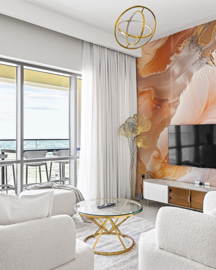 Marble-look waterproof wallpaper on a Dubai living room TV wall
