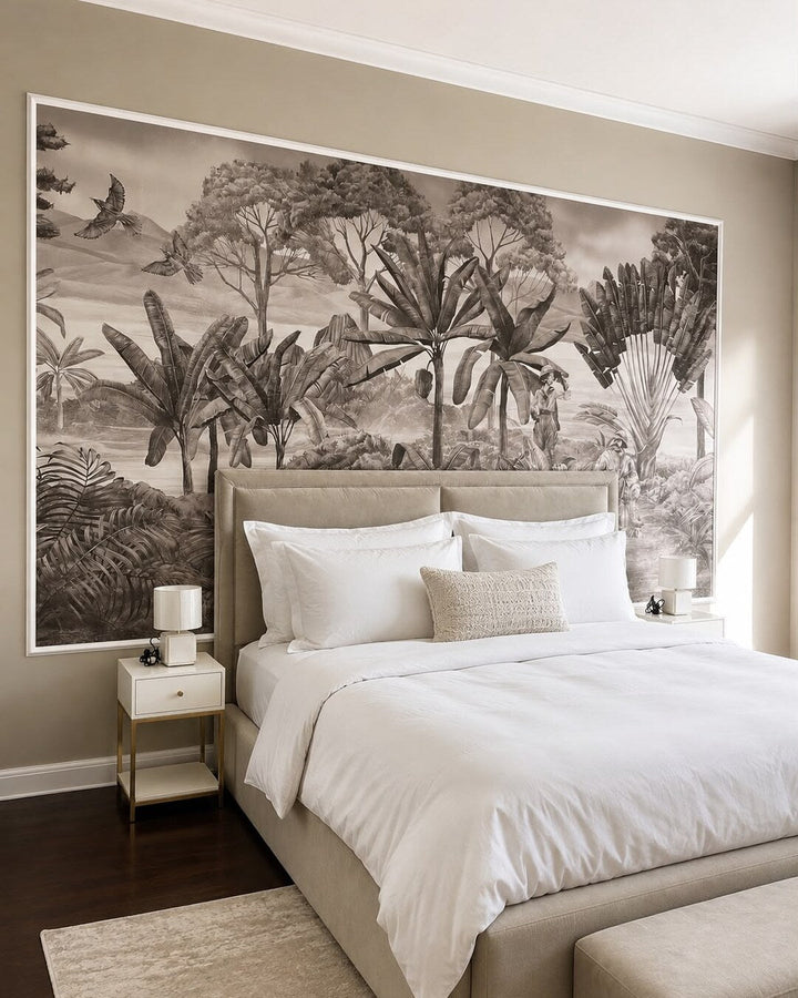Sepia-toned tropical wallpaper mural behind a bedroom headboard in Dubai