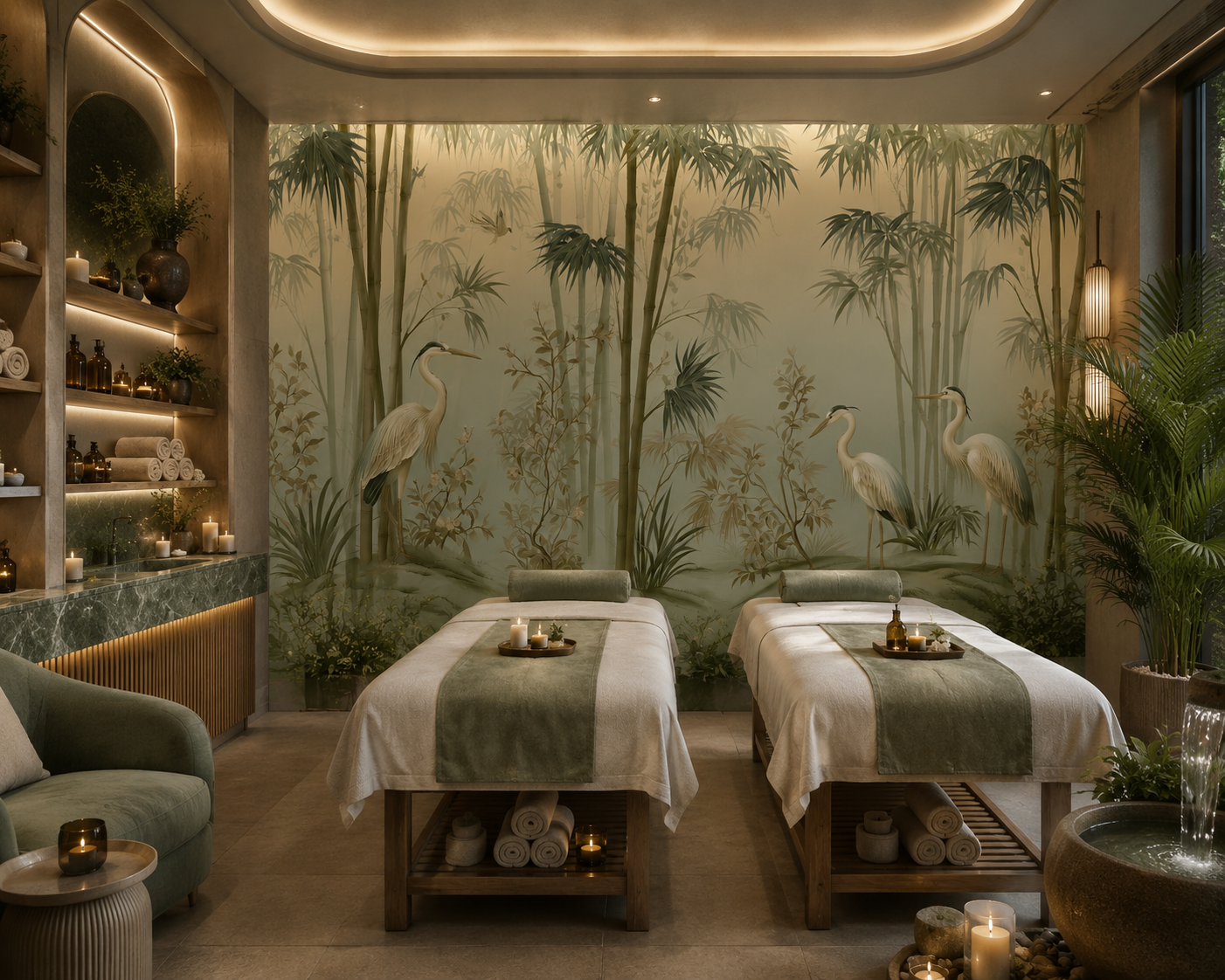 Bamboo Mist wallpaper by La Belle Maison featuring elegant heron and bamboo design in soft, misty tones.