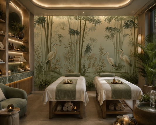 Bamboo Mist wallpaper by La Belle Maison featuring elegant heron and bamboo design in soft, misty tones.