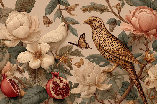 Orchard Aviary wall mural, full room view