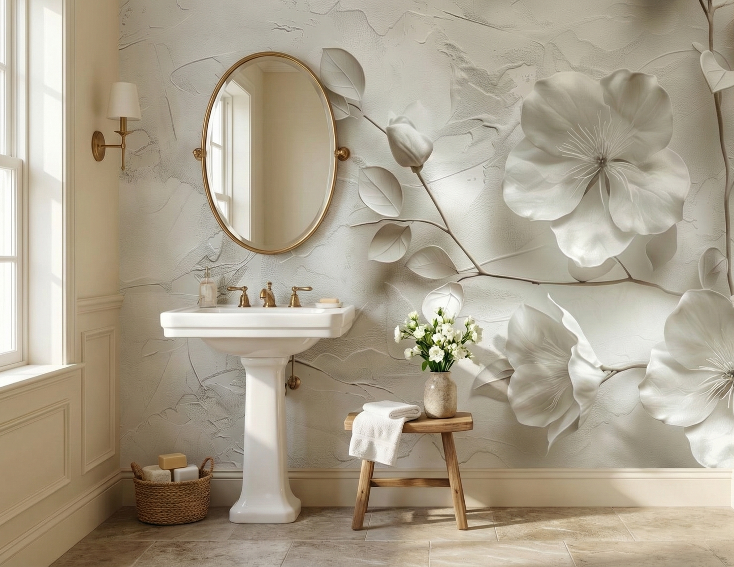 Decorative Whispering Bloom plaster petal relief wallpaper by La Belle Maison, featuring intricate floral textured interior design.