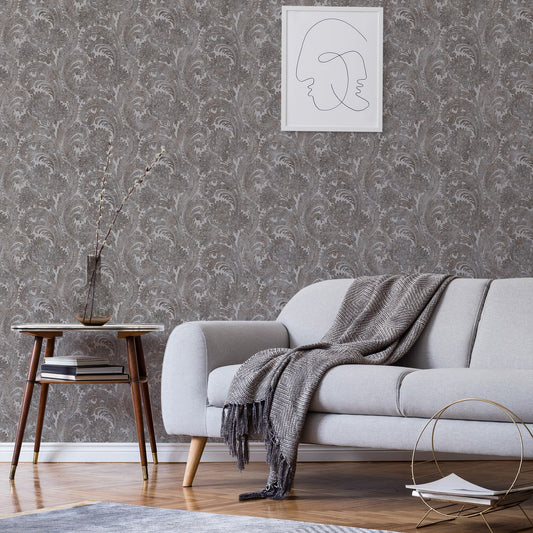 Indigo Maison Dove Grey Watercolour Leaf Wallpaper by La Belle Maison