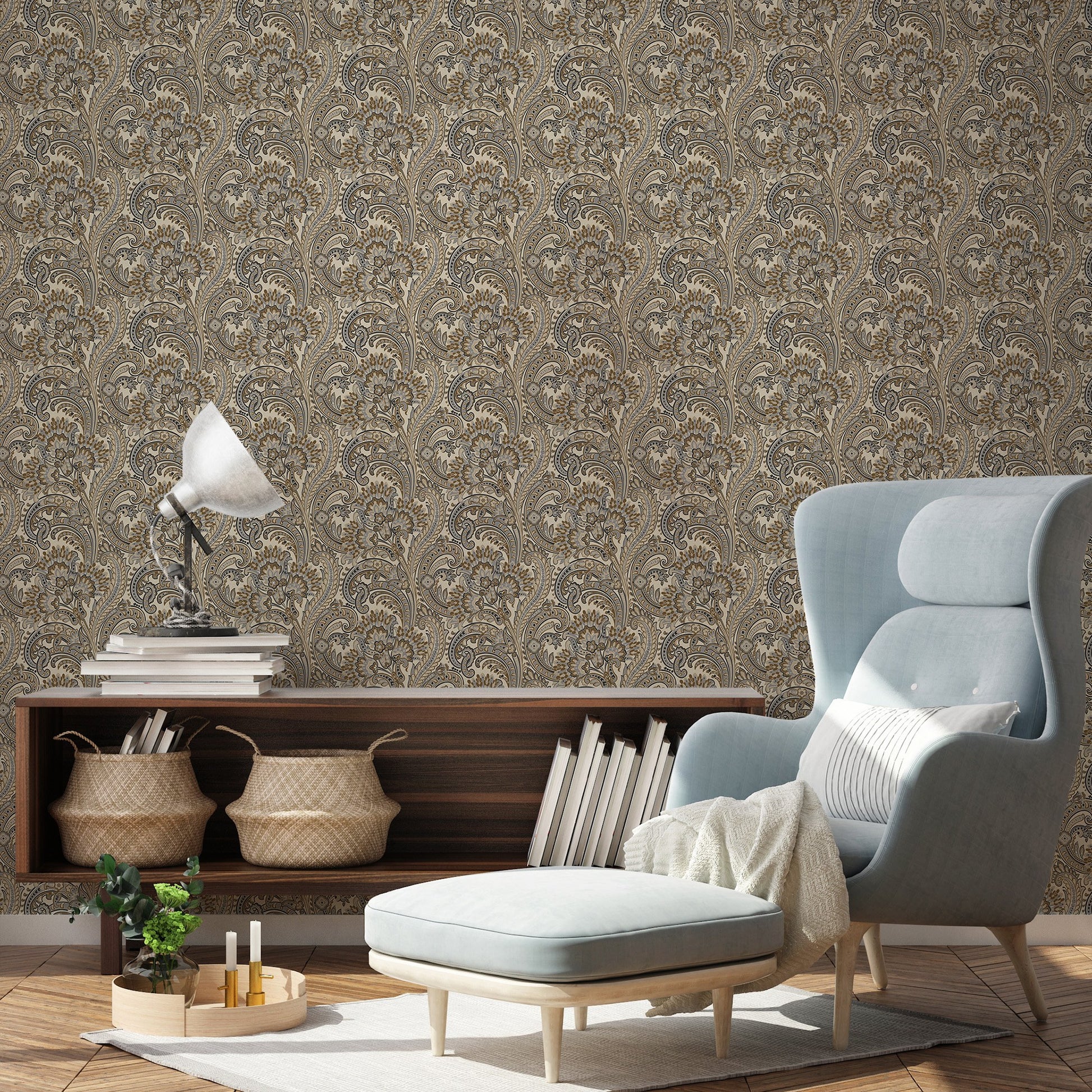 Indigo Maison Mist Grey Watercolour Leaf Wallpaper by La Belle Maison