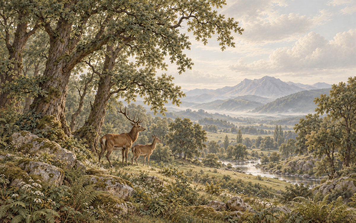 La Clairière des Cerfs woodland mural with two deer beneath an oak above a distant river