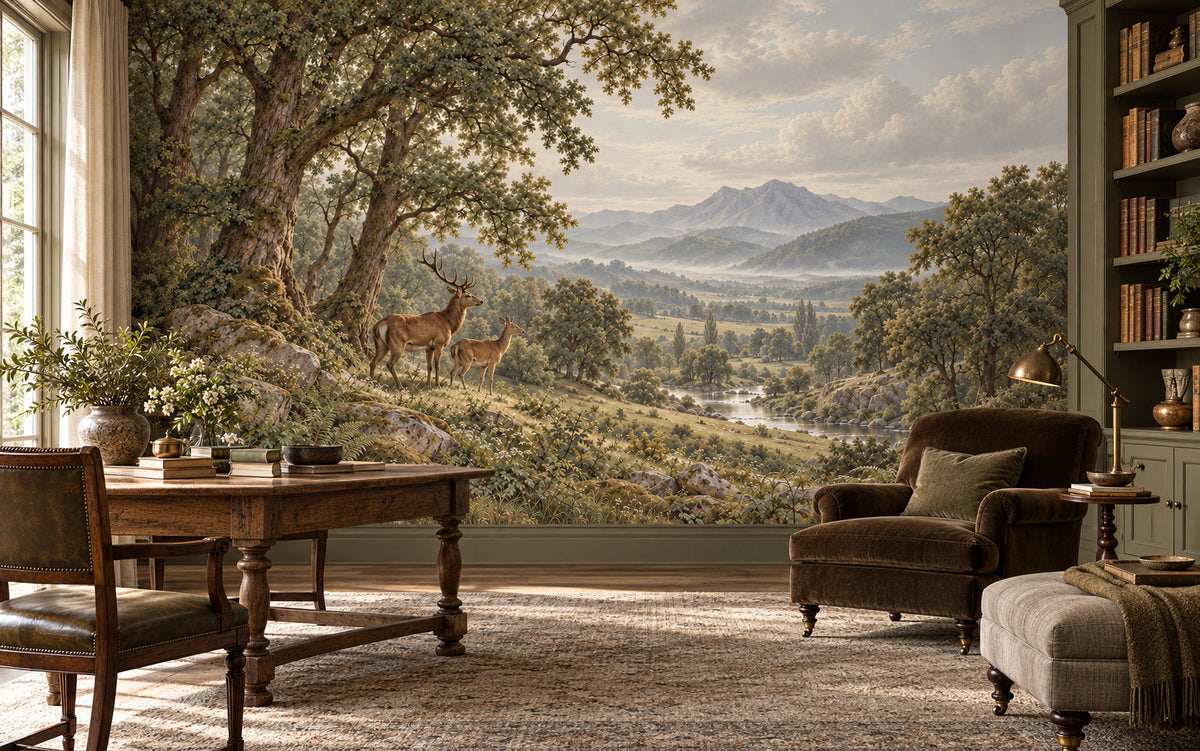 La Clairière des Cerfs woodland mural with two deer beneath an oak above a distant river in a styled room