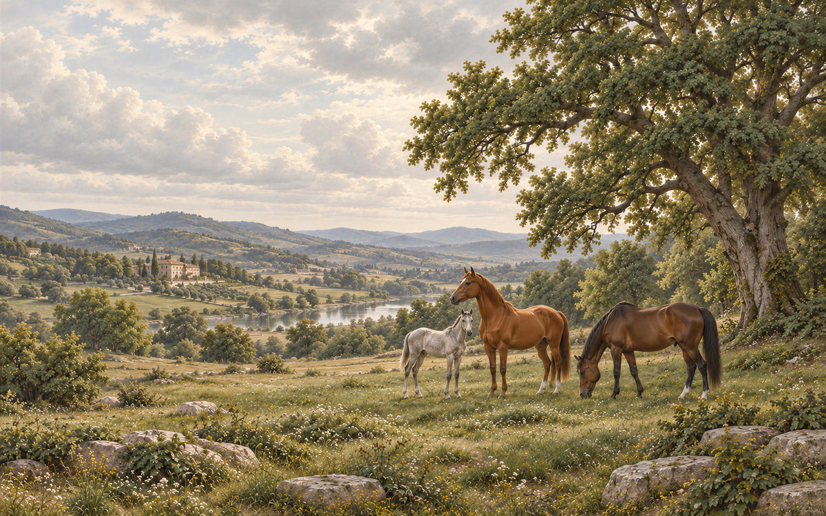 La Prairie des Juments horse mural with three mares in a meadow above rolling countryside