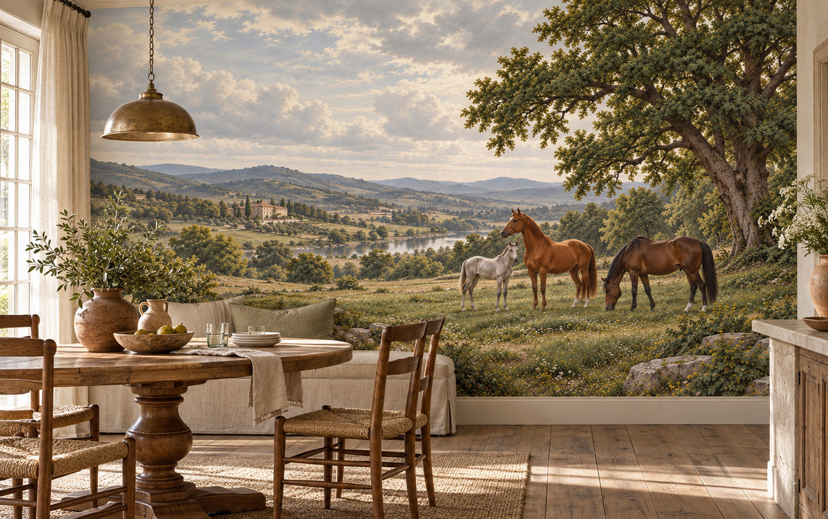 La Prairie des Juments horse mural with three mares in a meadow above rolling countryside in a styled room