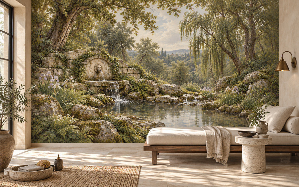 La Source aux Iris garden mural with a carved stone fountain, still pool and iris flowers in a styled room