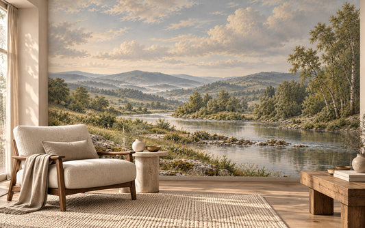La Vallée des Brumes panoramic mural with a quiet river, wooded hills and a softly misted valley in a styled room