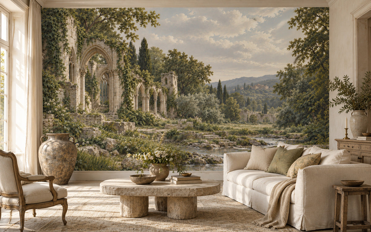 L’Abbaye Silencieuse landscape mural with ruined abbey arches, cypress trees and a quiet stream in a styled room