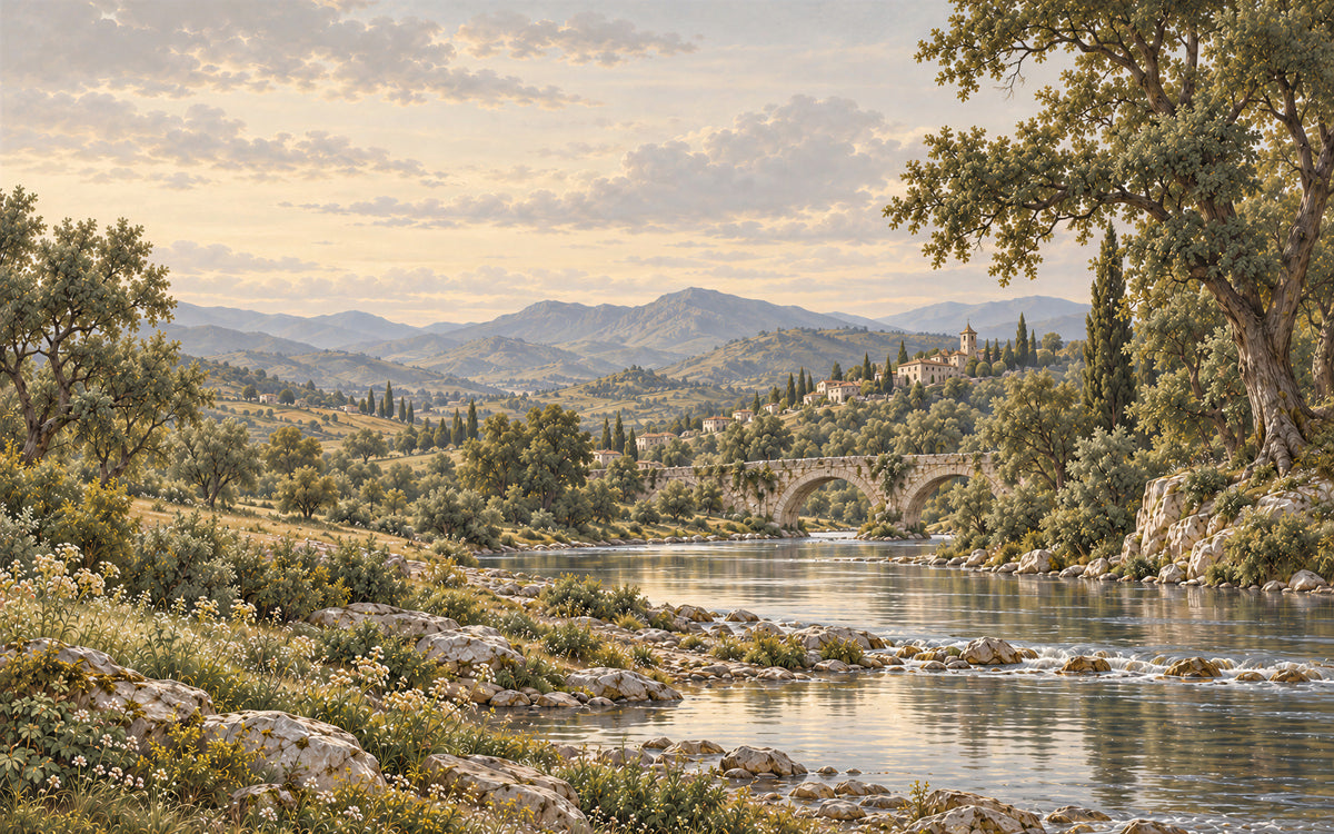 Le Crépuscule d’Arcadie river mural with a stone bridge, hillside village and muted evening sky