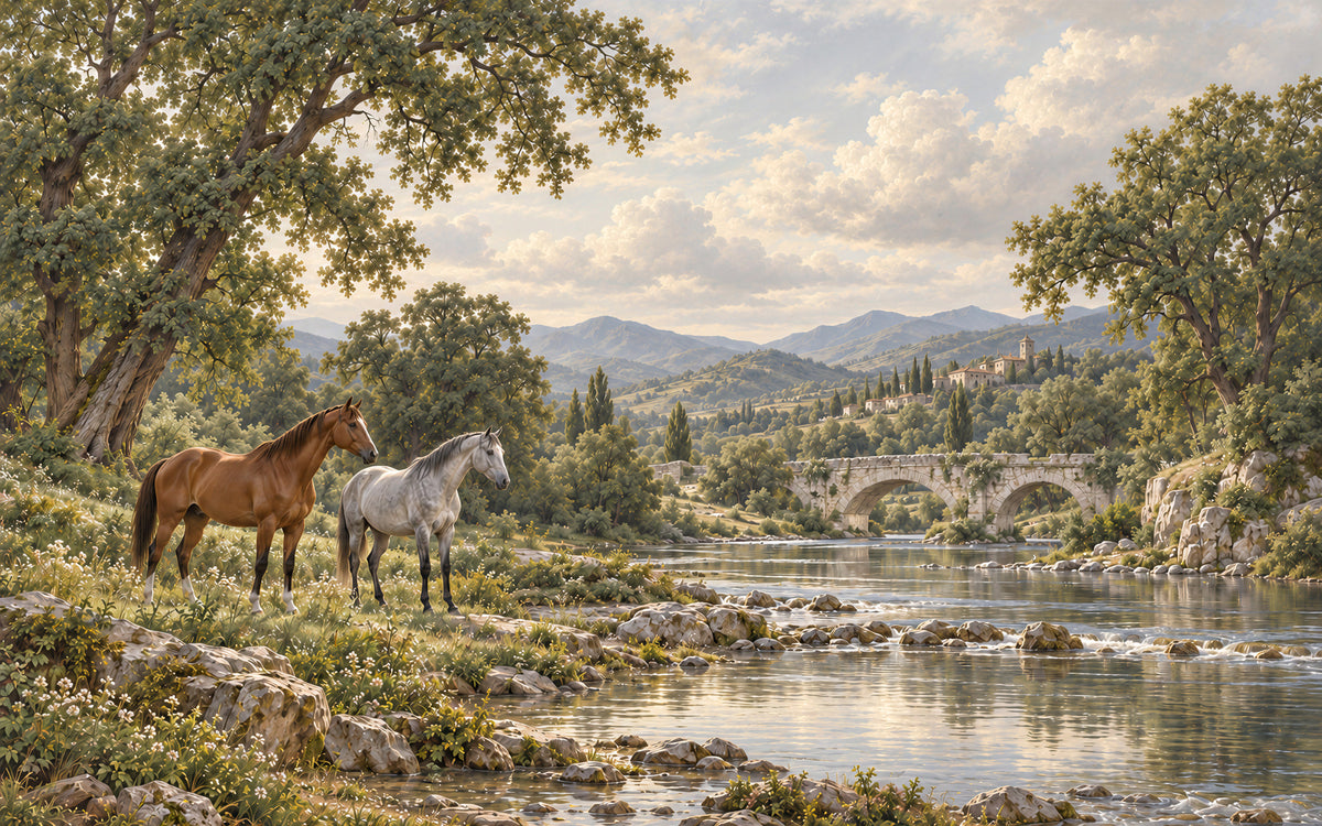 Le Gué Doré horse landscape mural with two horses, a stone bridge and muted olive trees