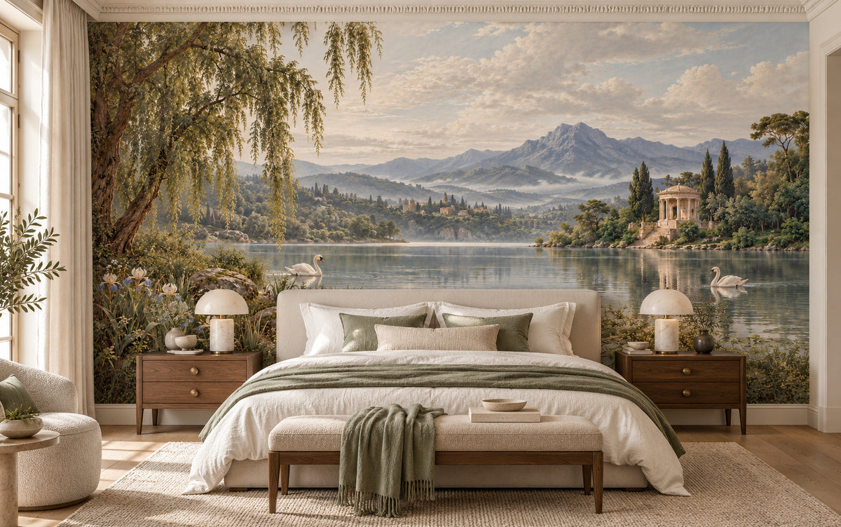 Le Lac des Cygnes lake mural with two white swans, willow branches and a classical lakeside pavilion in a styled room