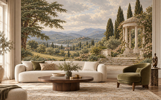 Le Pavillon des Roses garden mural with a classical rotunda, stone steps and climbing roses in a styled room