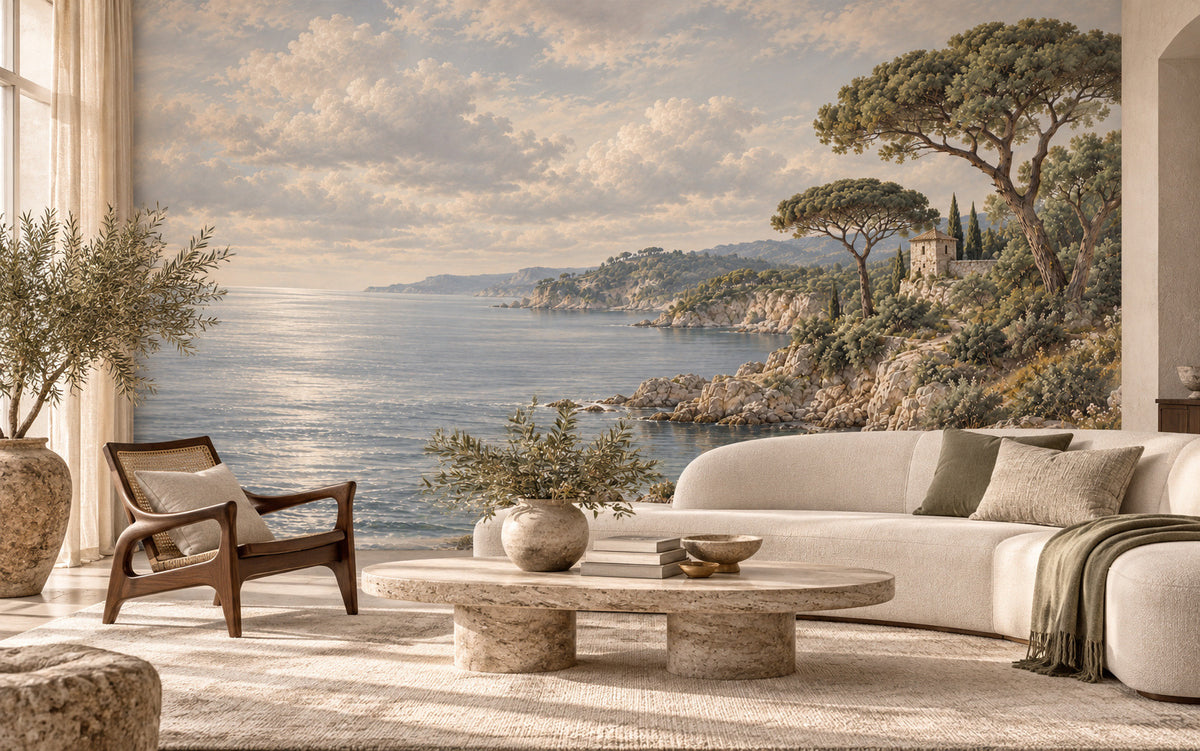 Le Rivage des Pins coastal mural with umbrella pines, a rocky bay and a distant hillside villa in a styled room
