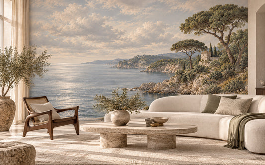 Le Rivage des Pins coastal mural with umbrella pines, a rocky bay and a distant hillside villa in a styled room