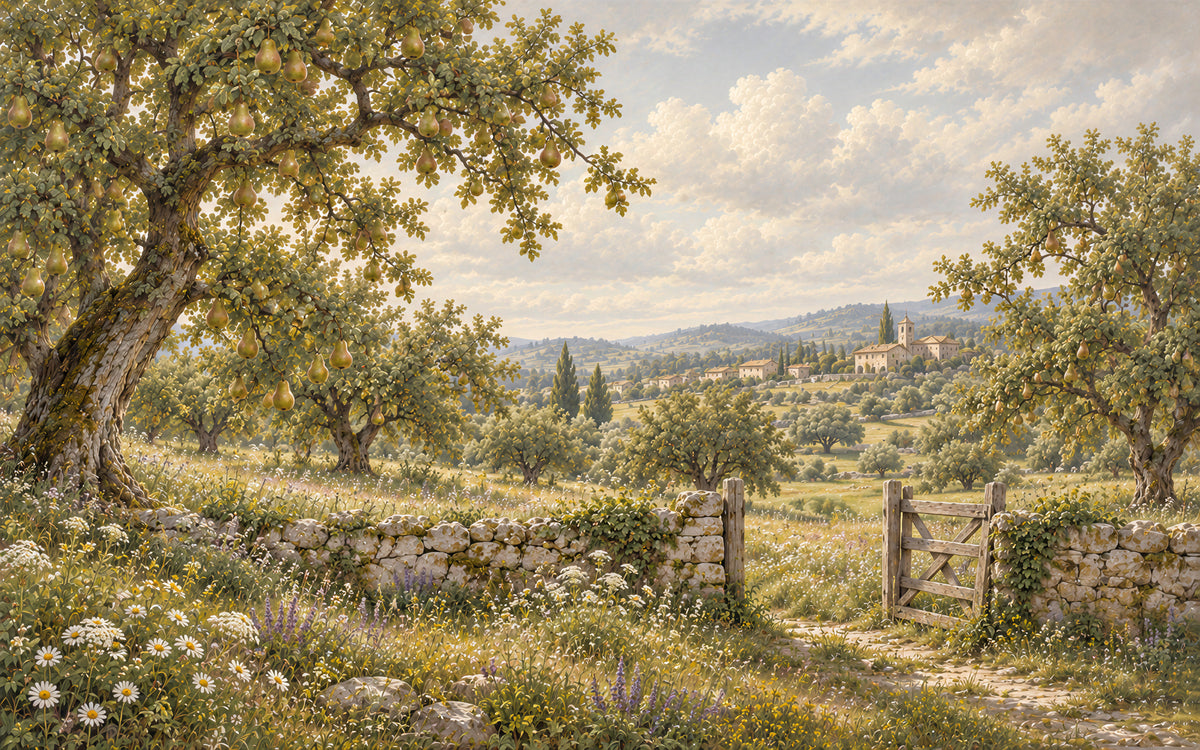Le Verger de Lumière orchard mural with fruit trees, a wooden gate and dry-stone walls