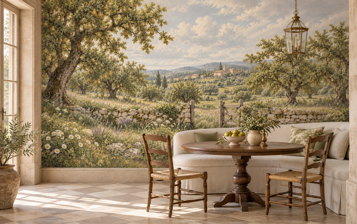 Le Verger de Lumière orchard mural with fruit trees, a wooden gate and dry-stone walls in a styled room