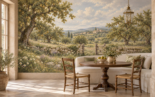 Le Verger de Lumière orchard mural with fruit trees, a wooden gate and dry-stone walls in a styled room