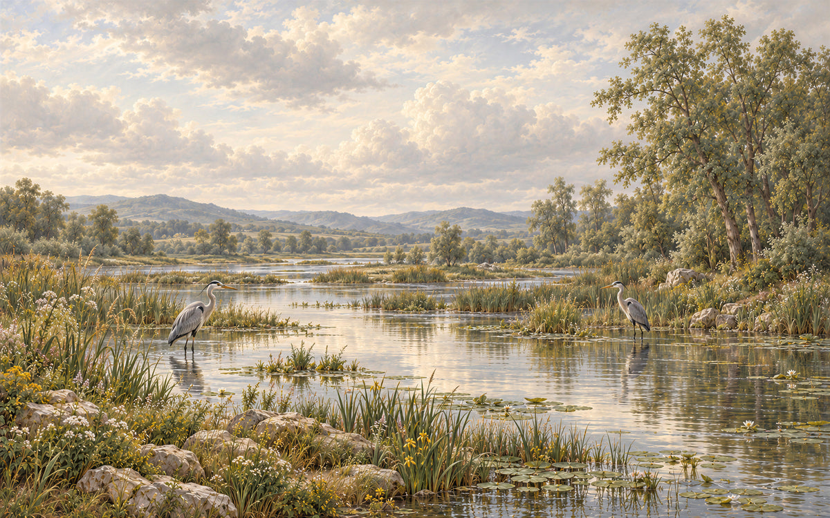 Les Hérons du Marais wetland mural with two herons, reeds and soft countryside reflections