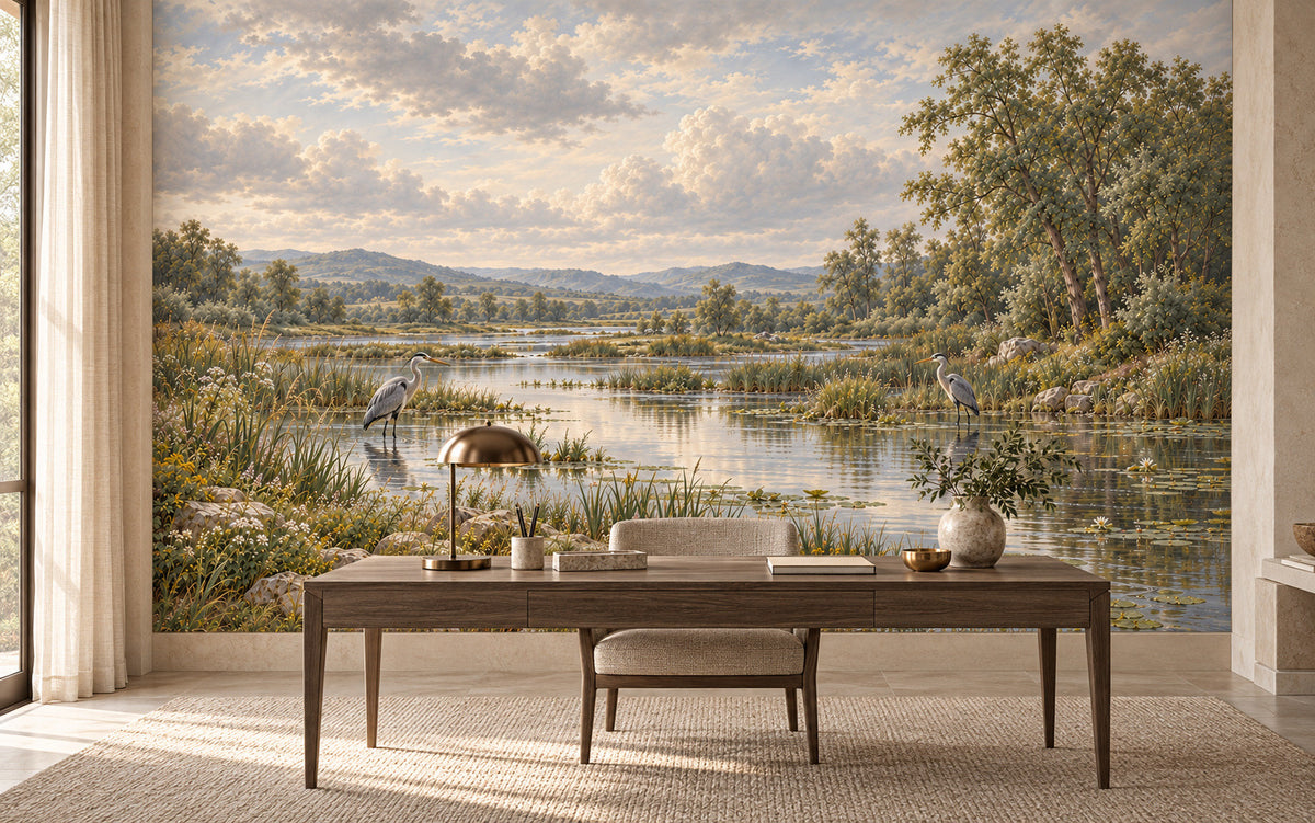 Les Hérons du Marais wetland mural with two herons, reeds and soft countryside reflections in a styled room
